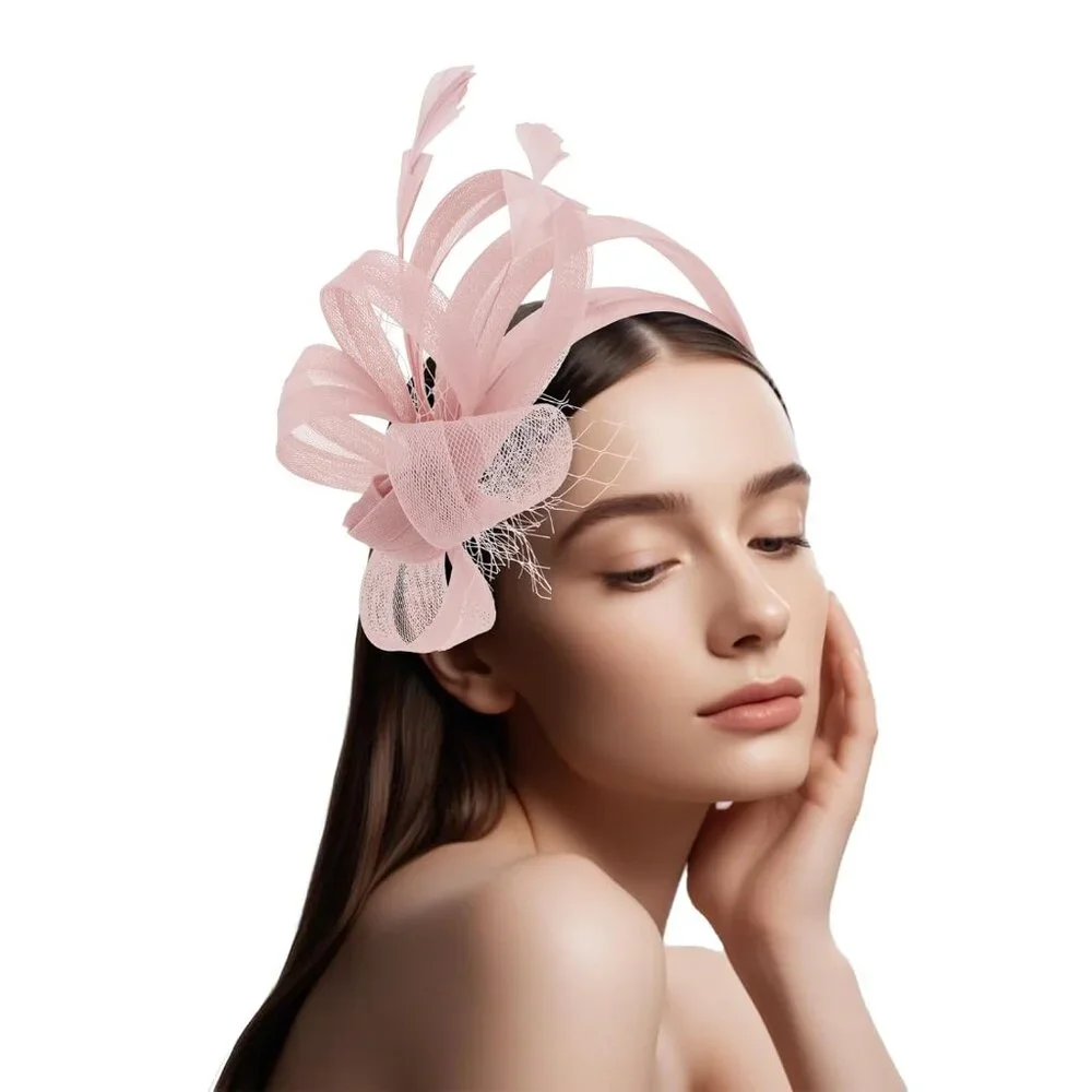 Fascinators Hats Headband with Clips Feather Pink Tea Party Derby Hats Dress 192 - Picture 5 of 7